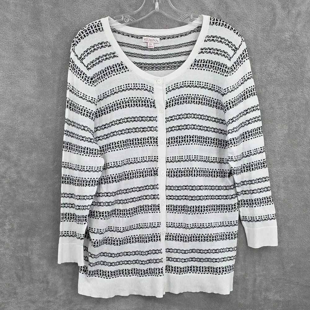 Merona Cardigan Sweater Bundle XXL Black White Grey Stripe Bling Button Up Knit